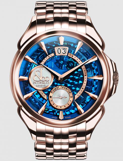 Review Jacob & Co PALATIAL CLASSIC MANUAL BIG DATE BLUE MINERAL CRYSTAL DIAL - ROSE GOLD BRACELET PC400.40.NS.MB.A40AA Replica watch - Click Image to Close